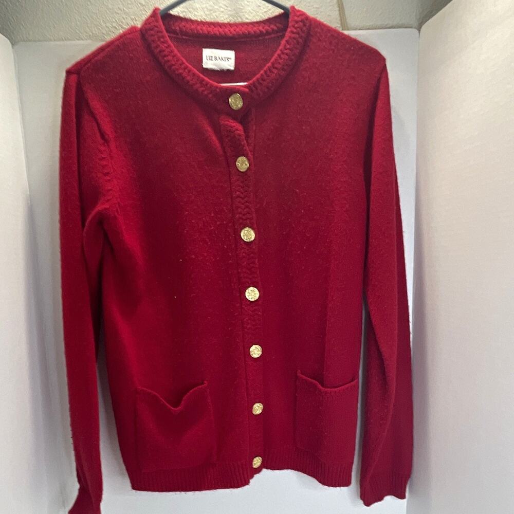 Liz Baker Red Knit Button Front Cardigan Sweater Pockets Long Sleeve M women
